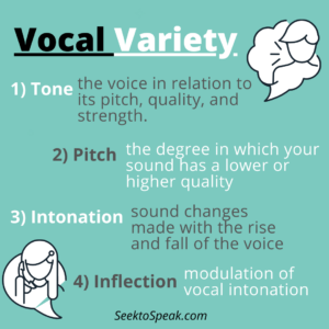 vocal variety, tone, pitch, intonation, inflection