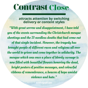 contrast close, conclusion, closing strategies, seek to speak