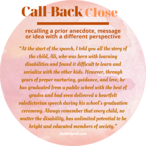call-back close, conclusion, closing strategies, seek to speak